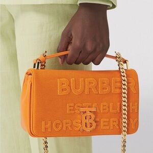 Burberry Horseferry Print Lola Canvas Lamb Skin Shoulder Bag Orange
